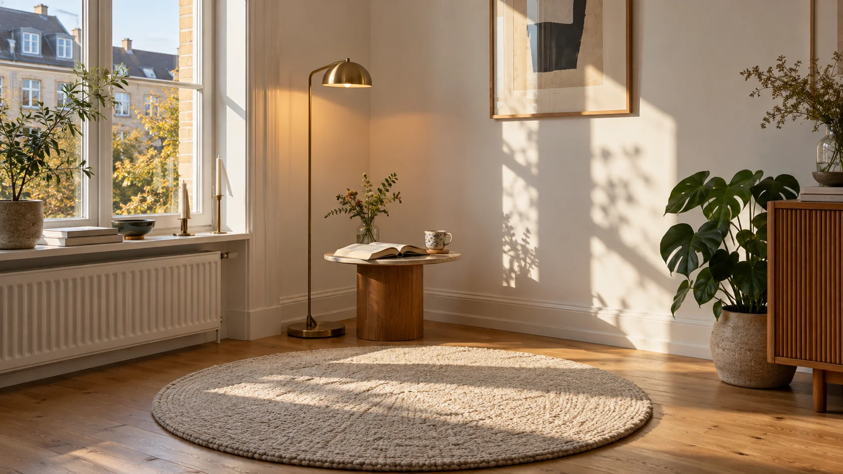 Læsehjørne ved vindue i stuen med gulvlampe og lille sidebord